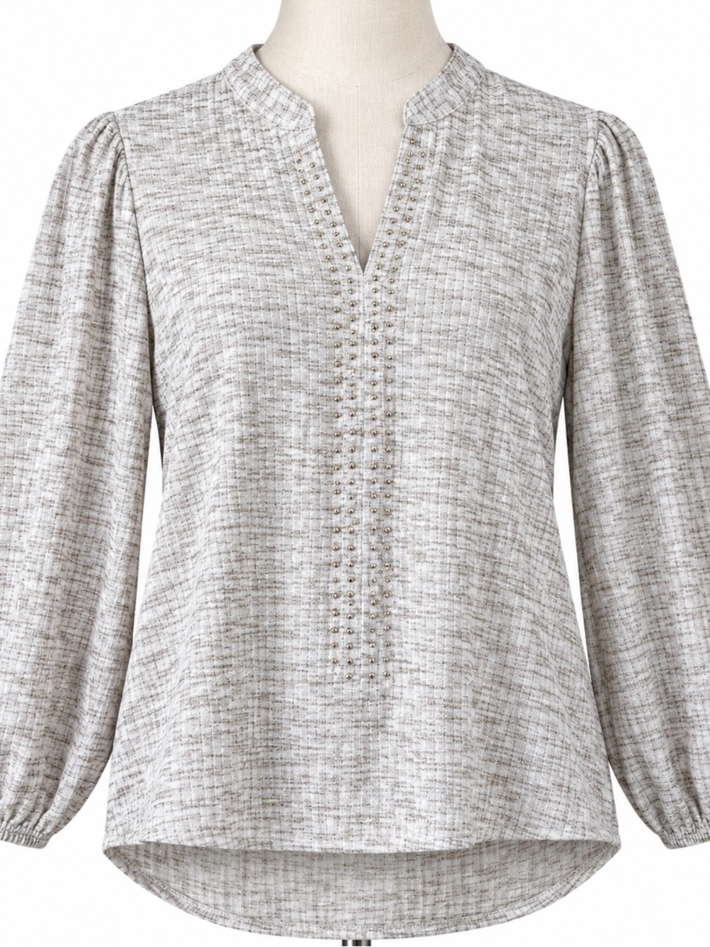 Zac & Rachel Heathered Light Grey Stud-Trim Puff Sleeve Blouse